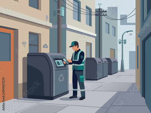 Sanitation worker using smart waste management system in urban alley.