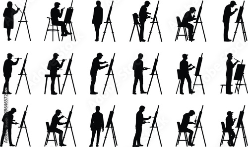 Silhouettes of artists painting at easels in various poses and settings canvas brush
