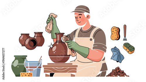 Crafting Beauty: A craftsman in an apron delicately handles a freshly crafted ceramic vase, surrounded by tools and works-in-progress, embodying skill and artistry.