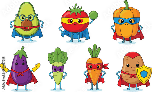 Superhero Vegetable Characters Vector Set with Avocado, Tomato, Pepper, Eggplant, Broccoli, Carrot and Potato for Healthy Food Education and Kids Design