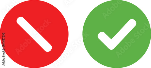 A red circle with a white diagonal line and a green circle with a white checkmark side by side. Vector