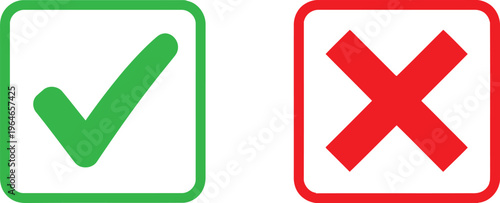 A pair of square icons featuring a green check mark for success and a red cross for failure sign Vector