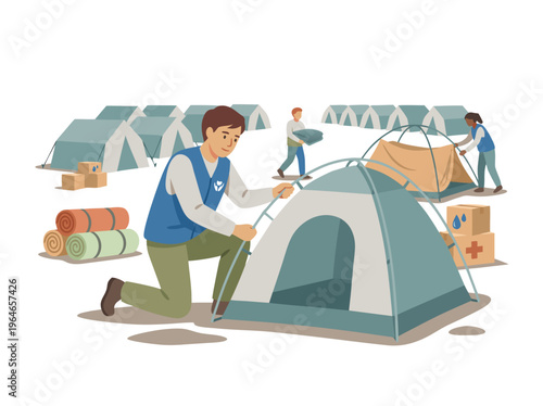 Setting up tents in a refugee camp.