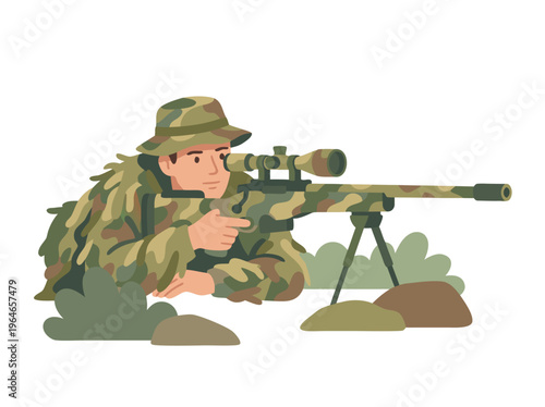 Sniper in camouflage aiming rifle with scope.
