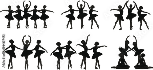 Ballet Dancer Silhouettes in Pairs and Groups, Featuring Elegant Poses and Ballet Tutus