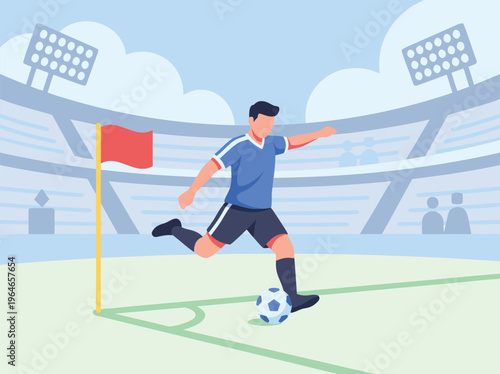 Soccer Player Kicking Ball in Stadium.