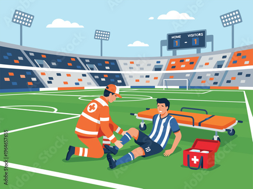 Soccer Player Injured on Field Receiving Medical Attention.