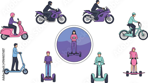 Personal Transportation Vector Set with Scooter, Motorcycle, Bicycle and Electric Ride Devices Including Segway and Hoverboard for Urban Mobility and Lifestyle Design