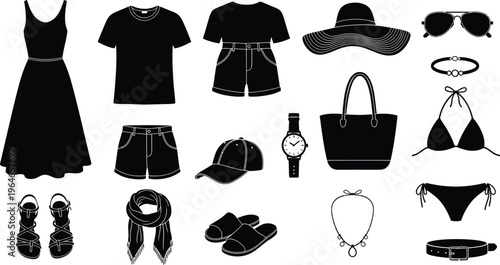 Silhouette of women's clothing and accessories isolated on transparent background