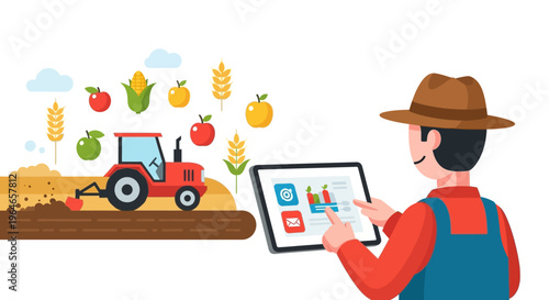Smart Farming and Digital Agriculture Concept with Farmer Using Tablet for Crop Management, Precision Agriculture, and Tractor Operations