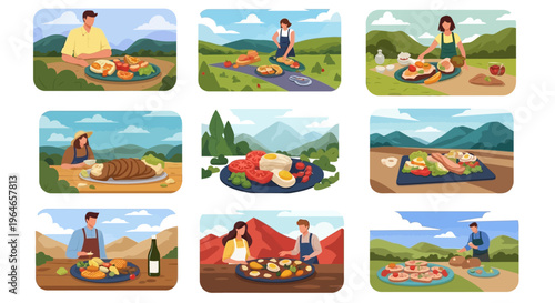 Healthy Outdoor Cooking and Dining: People Enjoying Fresh Food in Scenic Nature Landscapes and Picnics Illustration