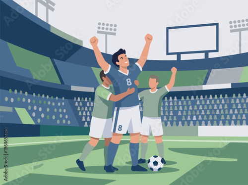 Soccer players celebrating a victory on the field.