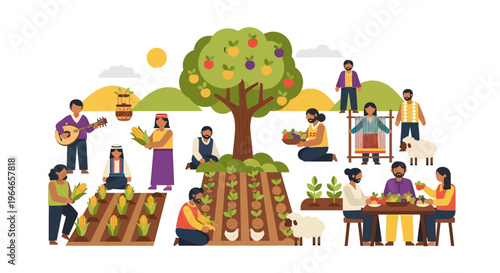 Global Community Engaged in Sustainable Agriculture, Harvest & Traditional Activities. Diverse Group Farming, Weaving, Playing Music & Sharing Food. Flat Vector.