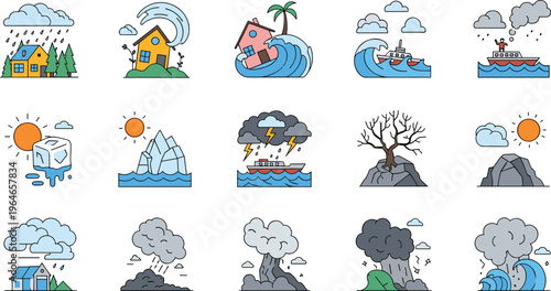 Natural Disaster and Weather Icon Set with Flood, Storm, Heatwave, Earthquake, Volcano, Ice Melt and Climate Change Symbols for Environmental Awareness Design
