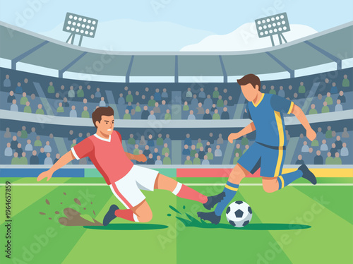 Soccer players competing intensely on a stadium field during a match.