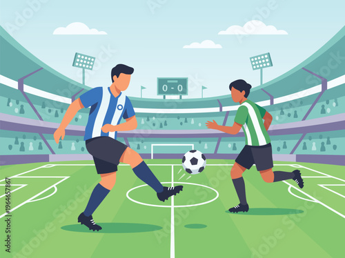 Soccer players competing on a stadium field during a match.