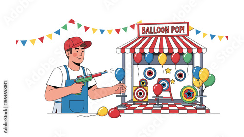 Amusement Game: An individual with a water gun in hand, aimed at a carnival game, is the focal point of a vivid scene, complete with decorative banners, balloon and game stalls.
