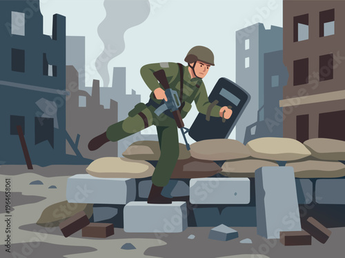 Soldier advancing through war-torn city with shield and rifle.