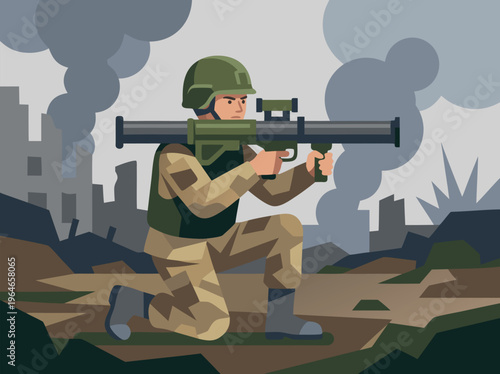 Soldier aiming rocket launcher in urban combat zone.