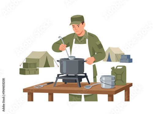 Soldier cooking food in a camp setting.