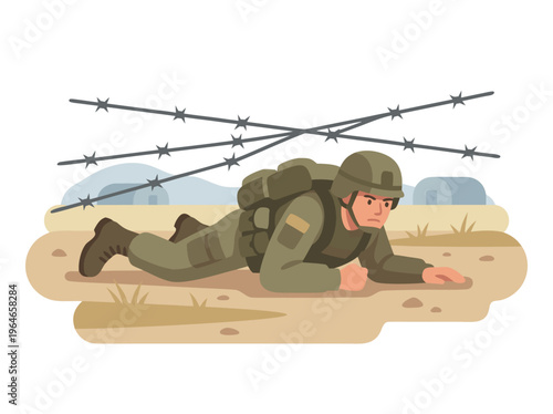 Soldier crawling under barbed wire obstacle course.