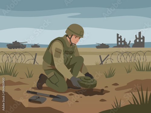 Soldier Discovers Artifact in War-Torn Landscape.