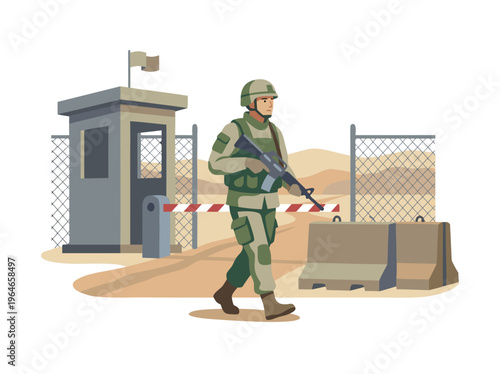 Soldier Guarding Military Checkpoint in Desert Landscape.