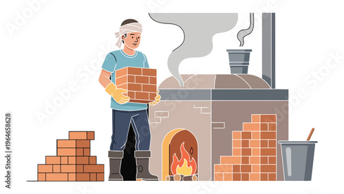 Bricklayer at Work: An illustration depicting a bricklayer meticulously placing bricks near a furnace, engaged in the age-old craft of brickmaking.