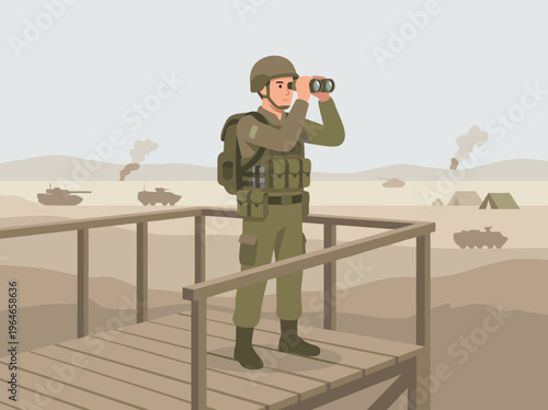 Soldier on observation post looking through binoculars.