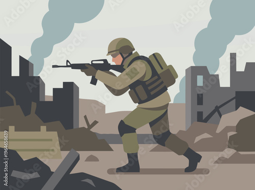 Soldier in Combat Zone with Rifle and Destroyed City Background.