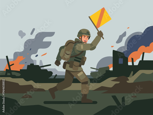 Soldier running with flag in war zone.