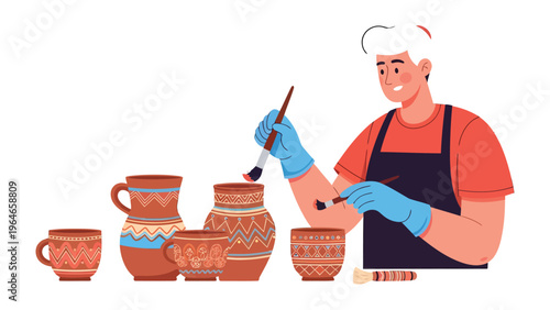 Artisan Crafting Pottery: An artisan meticulously paints intricate patterns on handcrafted pottery, showcasing skill and patience in the creation of unique ceramic art.