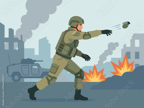 Soldier throwing a grenade in a war-torn city.