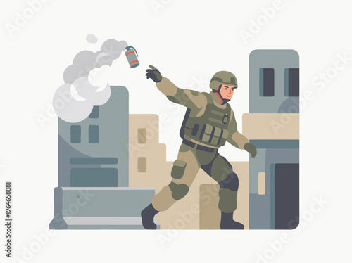 Soldier throwing tear gas grenade in urban environment.