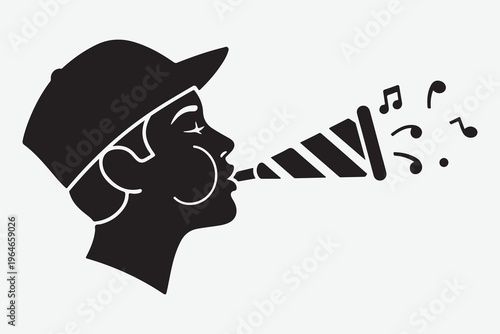 Silhouette of a person wearing a baseball cap blowing a party horn with musical notes emanating vector