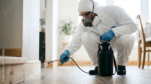 Pest Control Specialist in Respirator Spraying Baseboard for Termites, Residential Extermination Service Concept