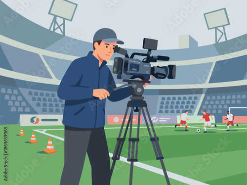 Sports cameraman filming a soccer match in a stadium.