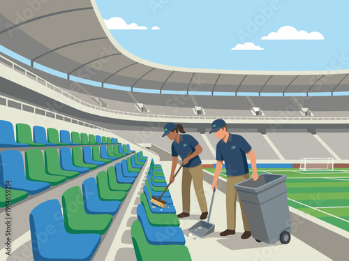 Stadium cleaning crew tidying up after an event.