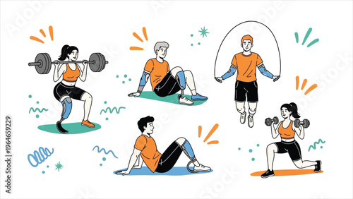 Young people with prosthetics training and exercising at the gym