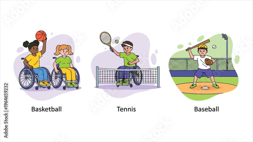 Cartoon vector illustration set of disabled kids engaging in sports.