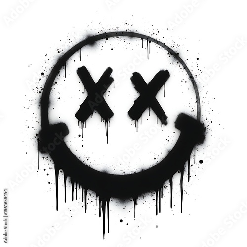 Black Graffiti Smiley Face With Dripping Paint And Cross Eyes.