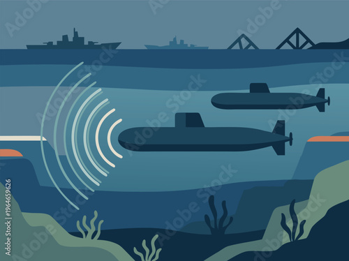 Underwater sonar detection of submarines in the ocean.