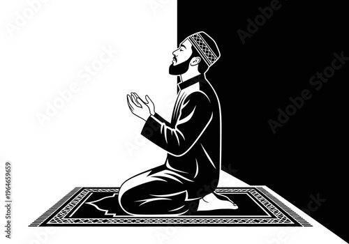 Muslim Man Praying and Making Dua on Prayer Rug, Minimalist Black and White Vector Illustration of Islamic Spirituality, Faith and Devotion Concept