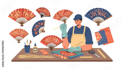 Artisan's Delicate Touch: An artisan meticulously crafts exquisite hand fans. The scene showcases skill, tradition, and the beauty of handmade artistry.