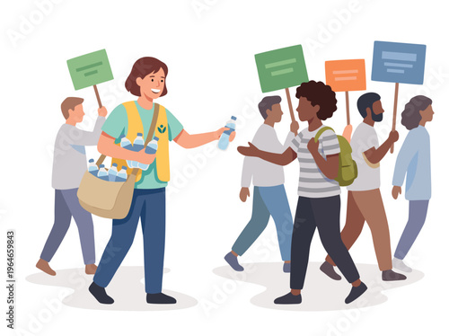 Volunteers distributing water bottles to people during a protest or march.