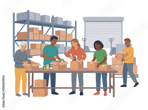 Volunteers Packing Boxes in a Warehouse.