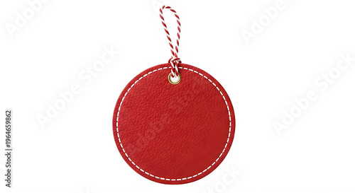 Red leather gift tag with white stitching isolated on transparent background