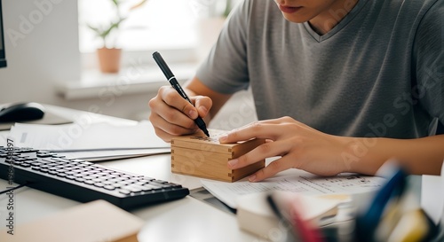 Person writing on paper with a pen while working on a laptop at a desk
