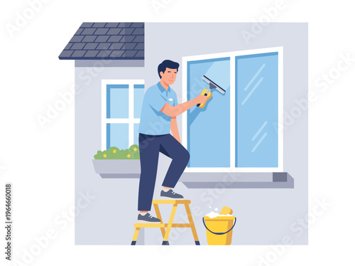 Window Cleaner Working on a Ladder.