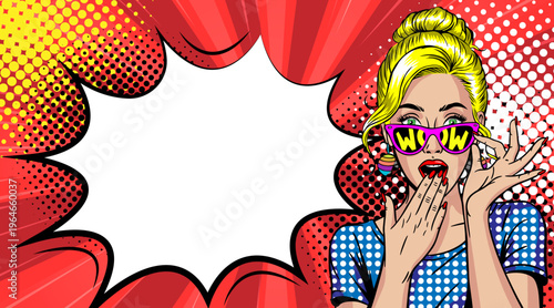 Pop Art Woman with WOW Sunglasses - Surprised Blonde Girl with Comic Book Halftone Dots Background and Speech Bubble Frame